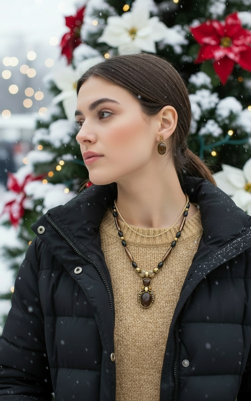 Charming Vintage Brown and Antique Gold Romance Beaded, and Chain Necklace Set with Hematite, One-of-a-Kind - handcrafted by Artistry Jewelry