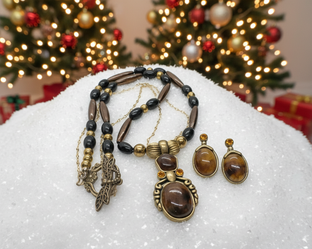 Charming Vintage Brown and Antique Gold Romance Beaded, and Chain Necklace Set with Hematite, One-of-a-Kind - handcrafted by Artistry Jewelry