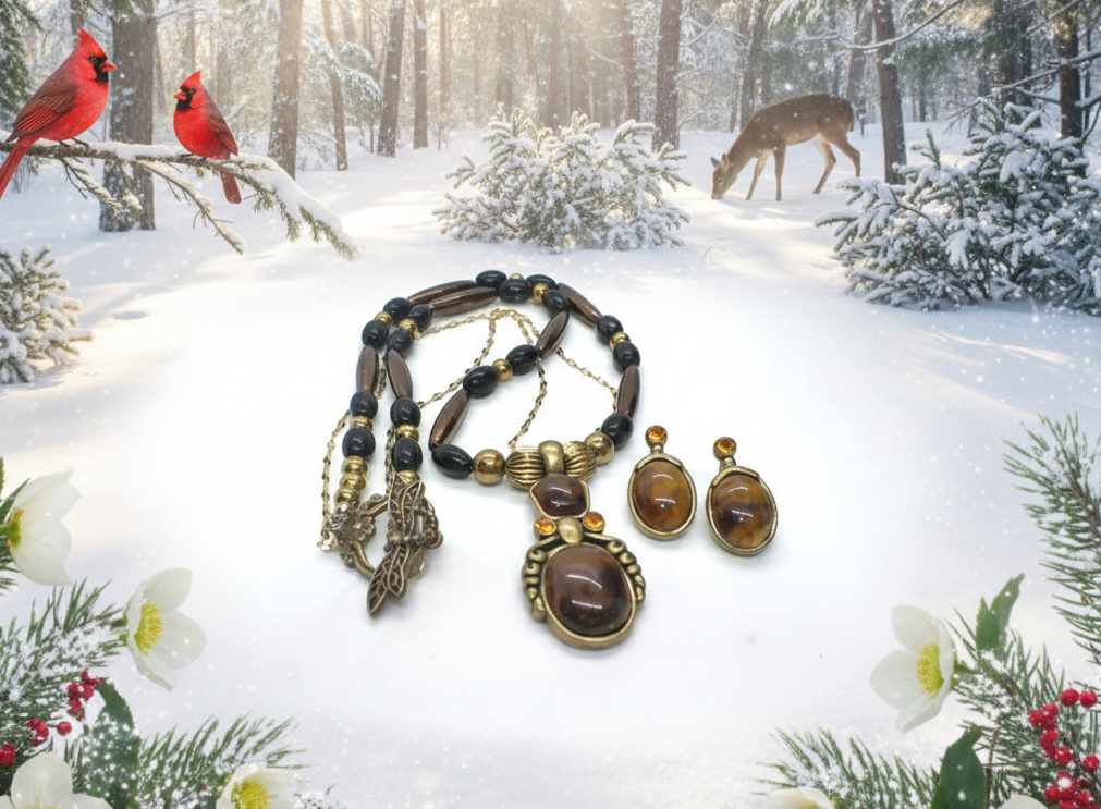 Charming Vintage Brown and Antique Gold Romance Beaded, and Chain Necklace Set with Hematite, One-of-a-Kind - handcrafted by Artistry Jewelry