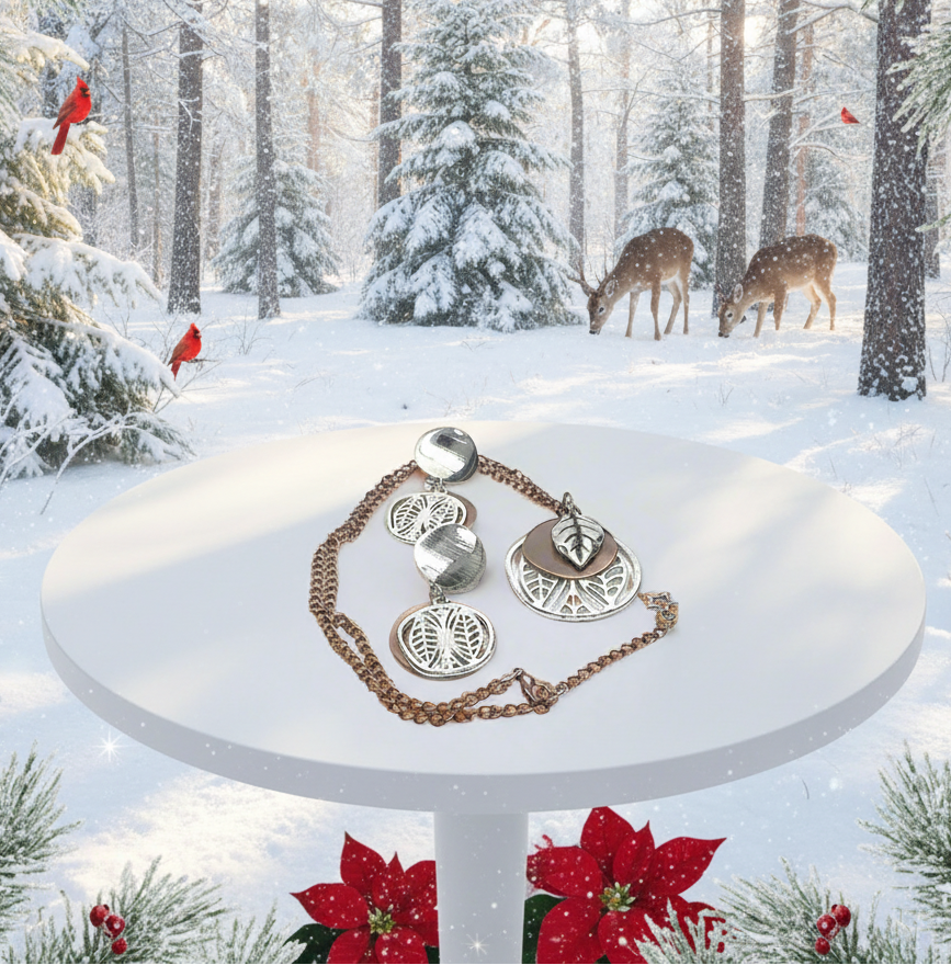 Charming Silver Leaves and Copper Discs, Copper Chain Necklace Set  One-of-a-Kind-handcrafted by Artistry Jewelry