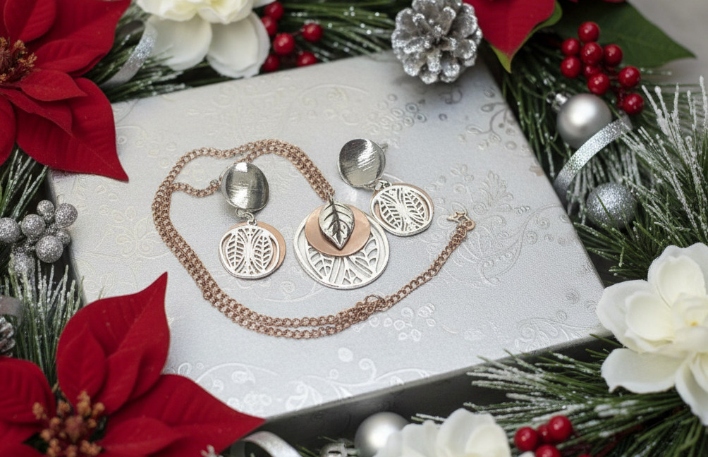 Charming Silver Leaves and Copper Discs, Copper Chain Necklace Set  One-of-a-Kind-handcrafted by Artistry Jewelry
