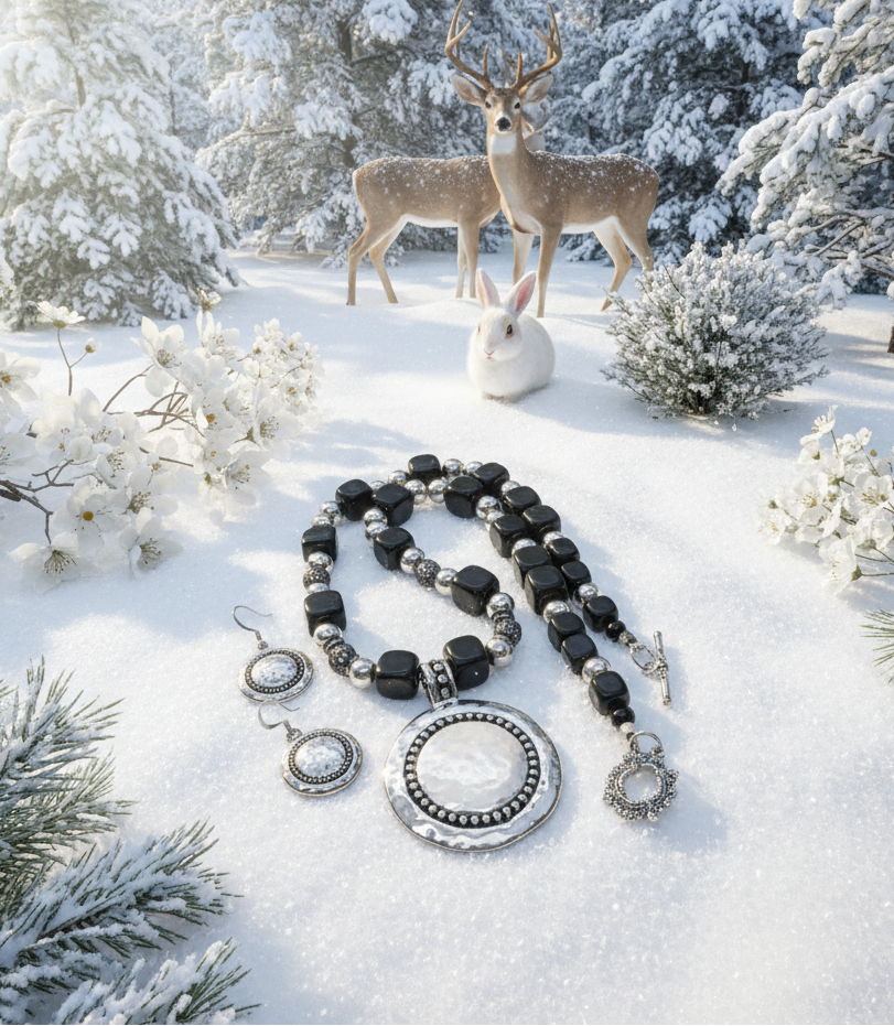 Stunning Silver & Black Pendant, Blackstone cubes and Czech Crystals, Beaded Necklace Set-crafted by Artistry Jewelry