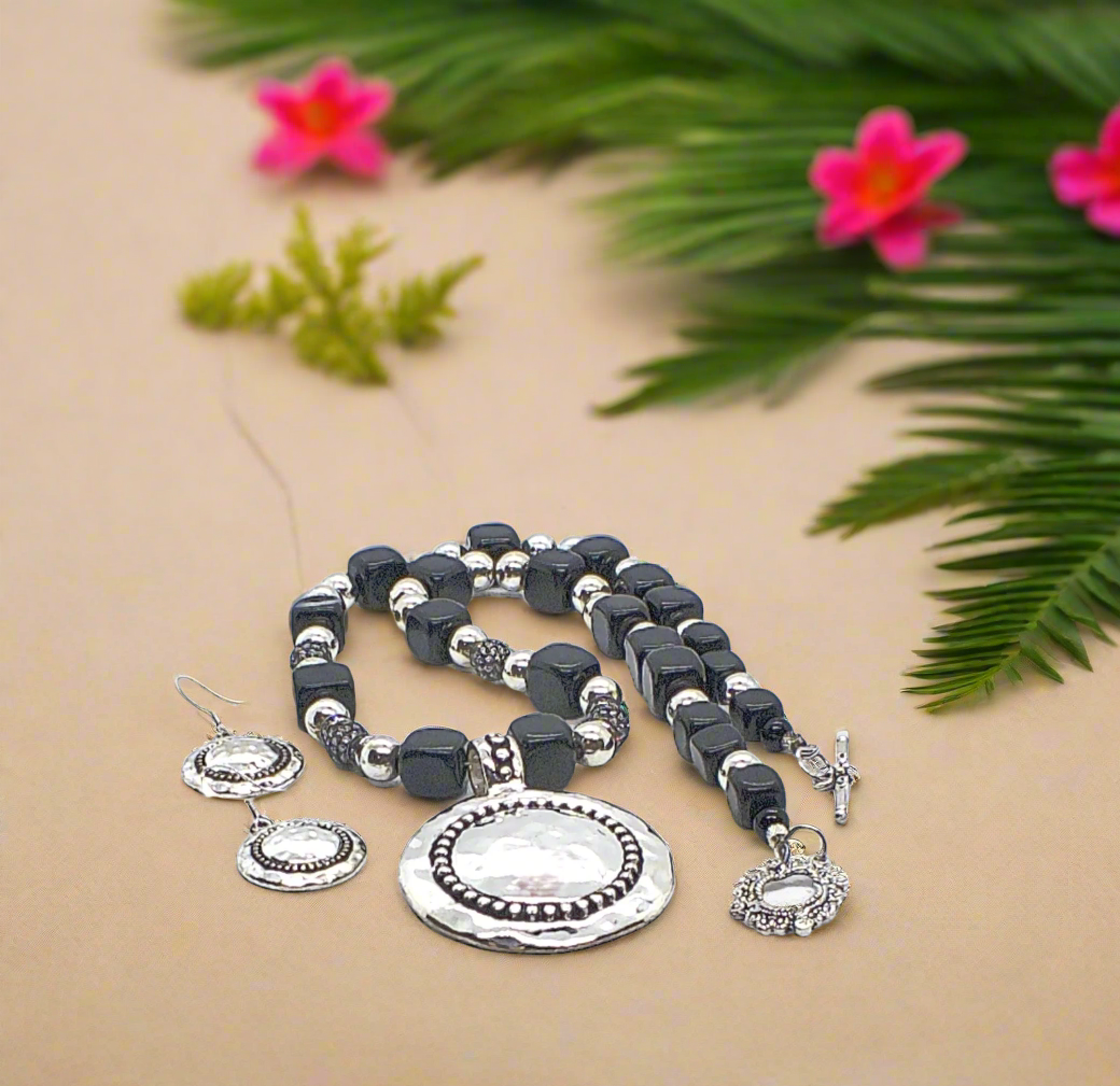 Stunning Silver & Black Pendant, Blackstone cubes and Czech Crystals, Beaded Necklace Set-crafted by Artistry Jewelry