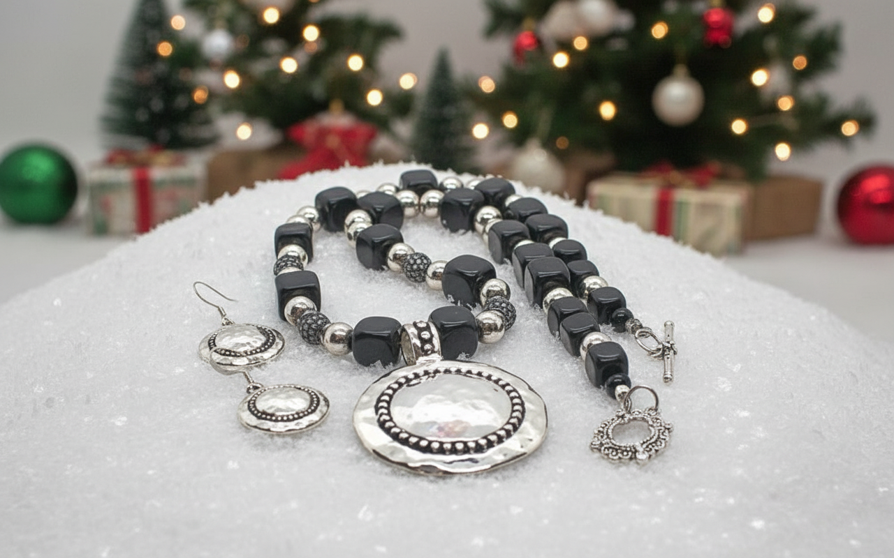 Stunning Silver & Black Pendant, Blackstone cubes and Czech Crystals, Beaded Necklace Set-crafted by Artistry Jewelry