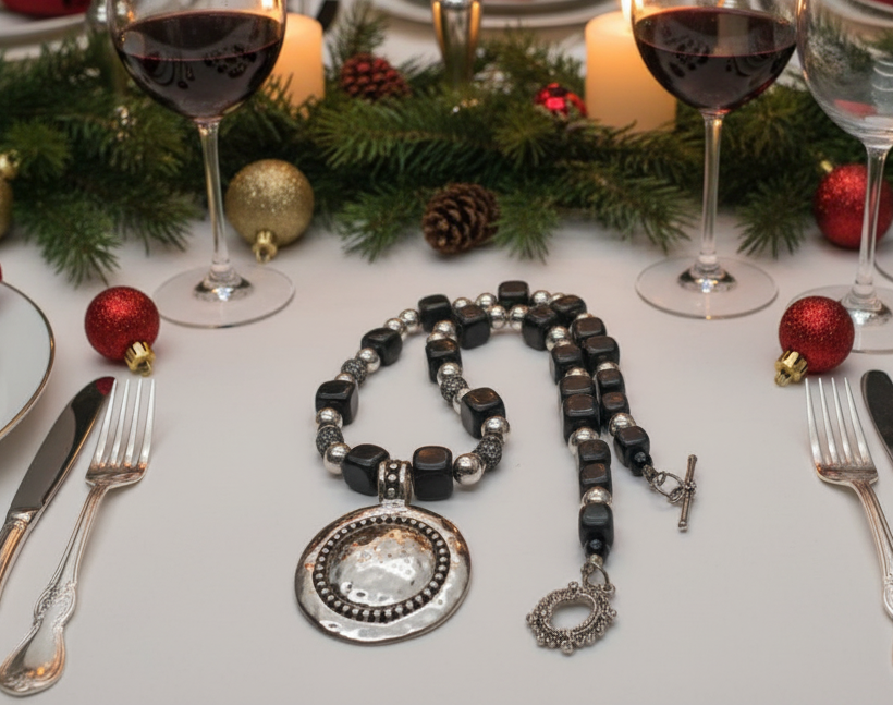 Stunning Silver & Black Pendant, Blackstone cubes and Czech Crystals, Beaded Necklace Set-crafted by Artistry Jewelry