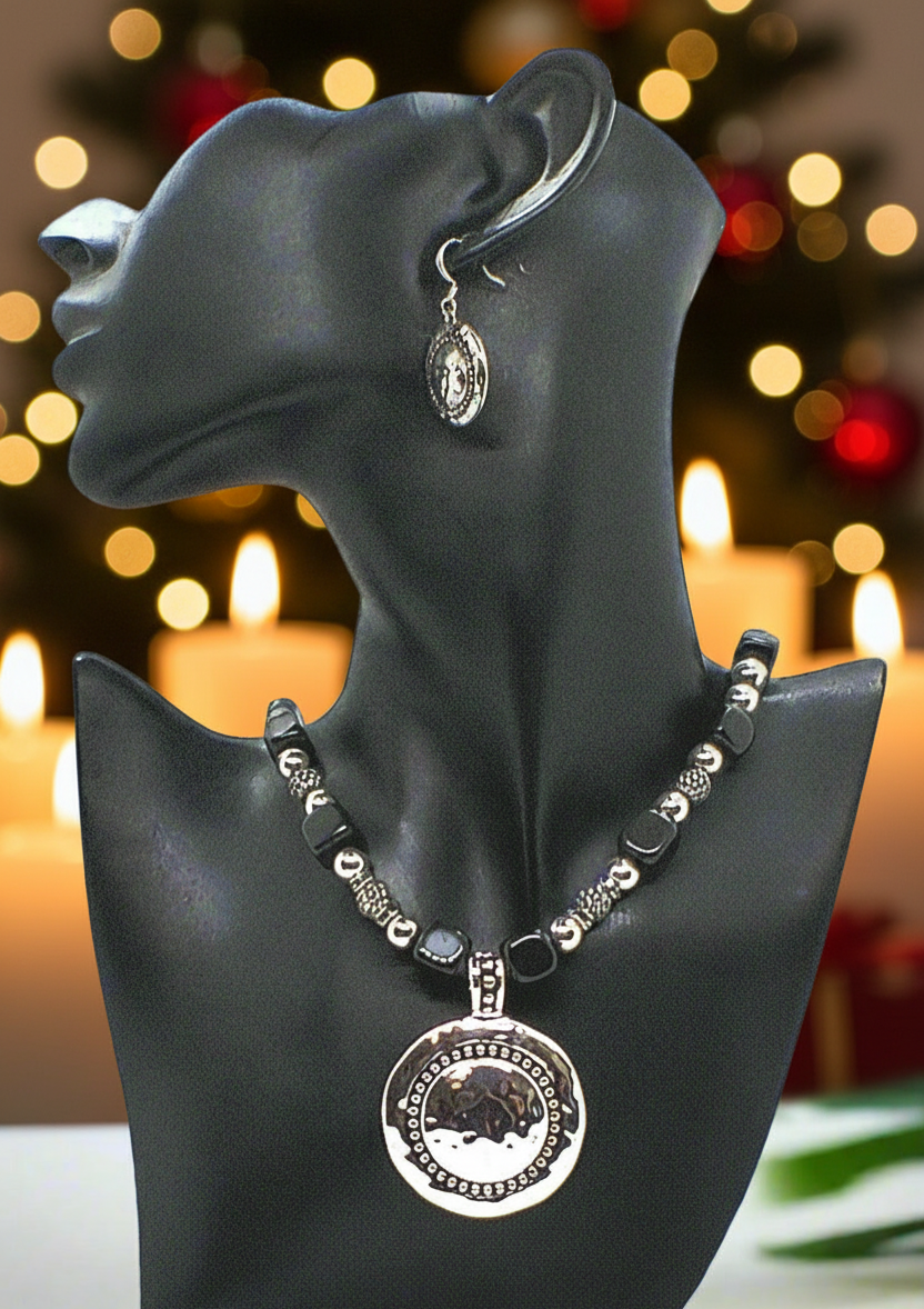 Stunning Silver & Black Pendant, Blackstone cubes and Czech Crystals, Beaded Necklace Set-crafted by Artistry Jewelry