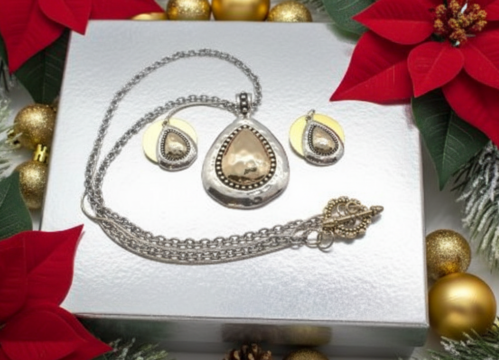 Lovely Silver and Gold Teardrop Pendant, and Silver Chain Necklace Set, One-of-a-Kind-by Artistry Jewelry