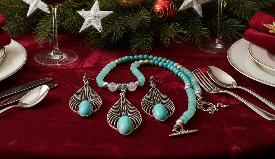 Fabulous Turquoise, Blue Crystal, Silver, and Magnesite, Semi-precious, Beaded Necklace Set - handcrafted by Artistry Jewelry