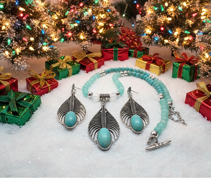 Fabulous Turquoise, Blue Crystal, Silver, and Magnesite, Semi-precious, Beaded Necklace Set - handcrafted by Artistry Jewelry