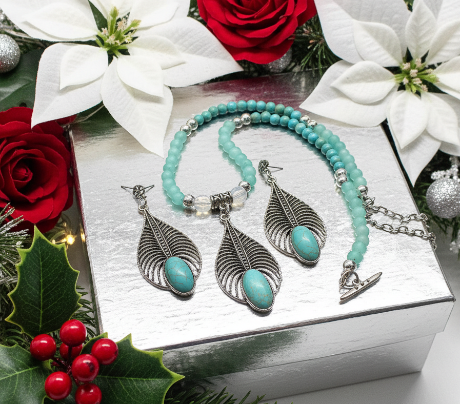Fabulous Turquoise, Blue Crystal, Silver, and Magnesite, Semi-precious, Beaded Necklace Set - handcrafted by Artistry Jewelry