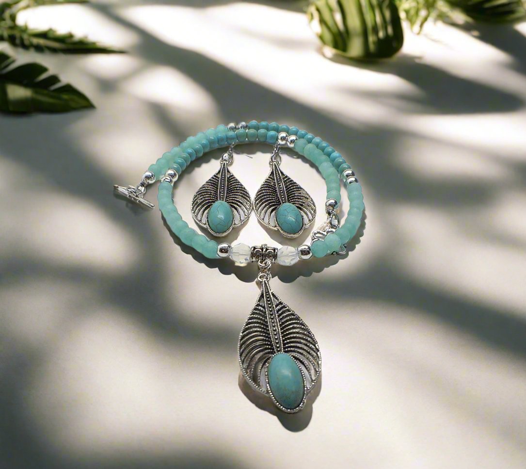 Fabulous Turquoise, Blue Crystal, Silver, and Magnesite, Semi-precious, Beaded Necklace Set - handcrafted by Artistry Jewelry