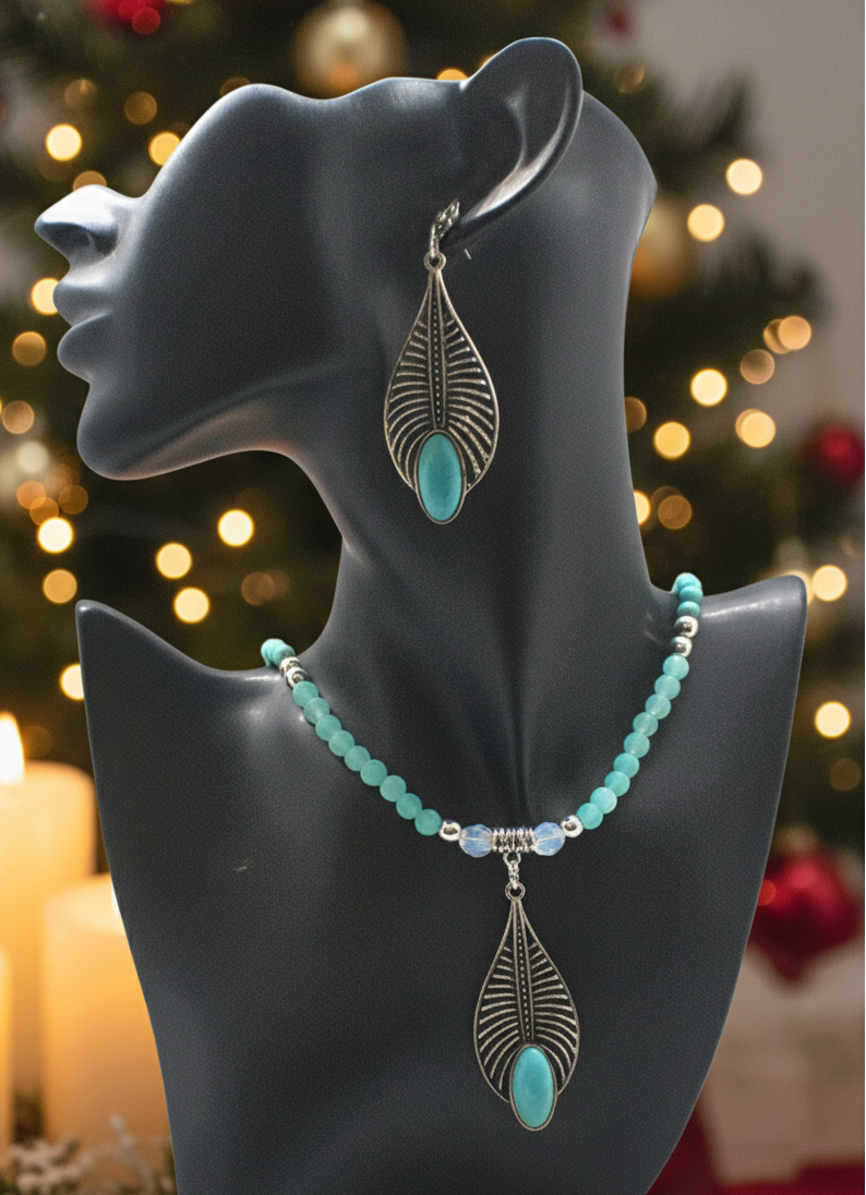 Fabulous Turquoise, Blue Crystal, Silver, and Magnesite, Semi-precious, Beaded Necklace Set - handcrafted by Artistry Jewelry