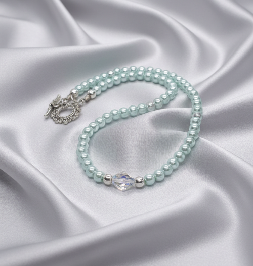 Beautiful Aqua, Semi-precious Necklace with a Cosmic Crystal, and Hematite-B-handcrafted by Artistry Jewelry