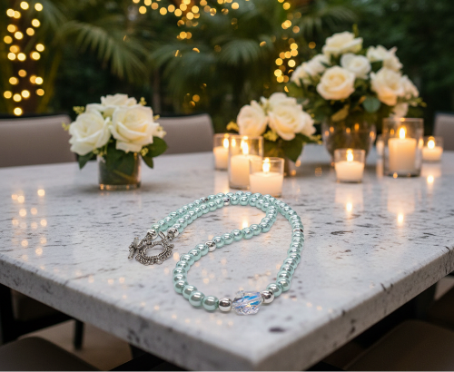 Beautiful Aqua, Semi-precious Necklace with a Cosmic Crystal, and Hematite-B-handcrafted by Artistry Jewelry