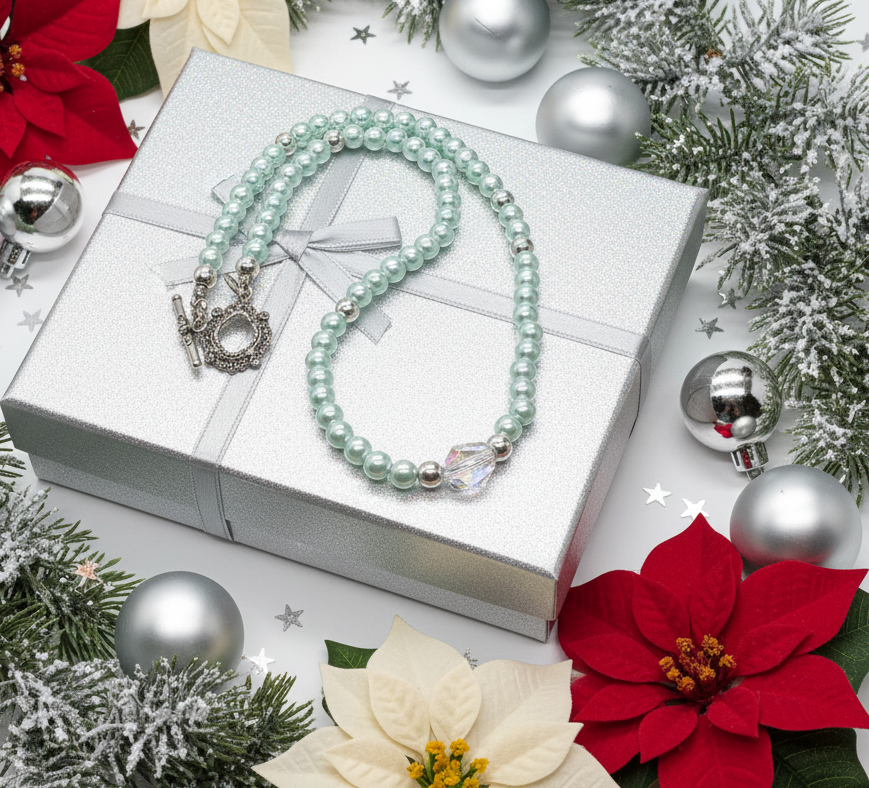 Beautiful Aqua, Semi-precious Necklace with a Cosmic Crystal, and Hematite-B-handcrafted by Artistry Jewelry