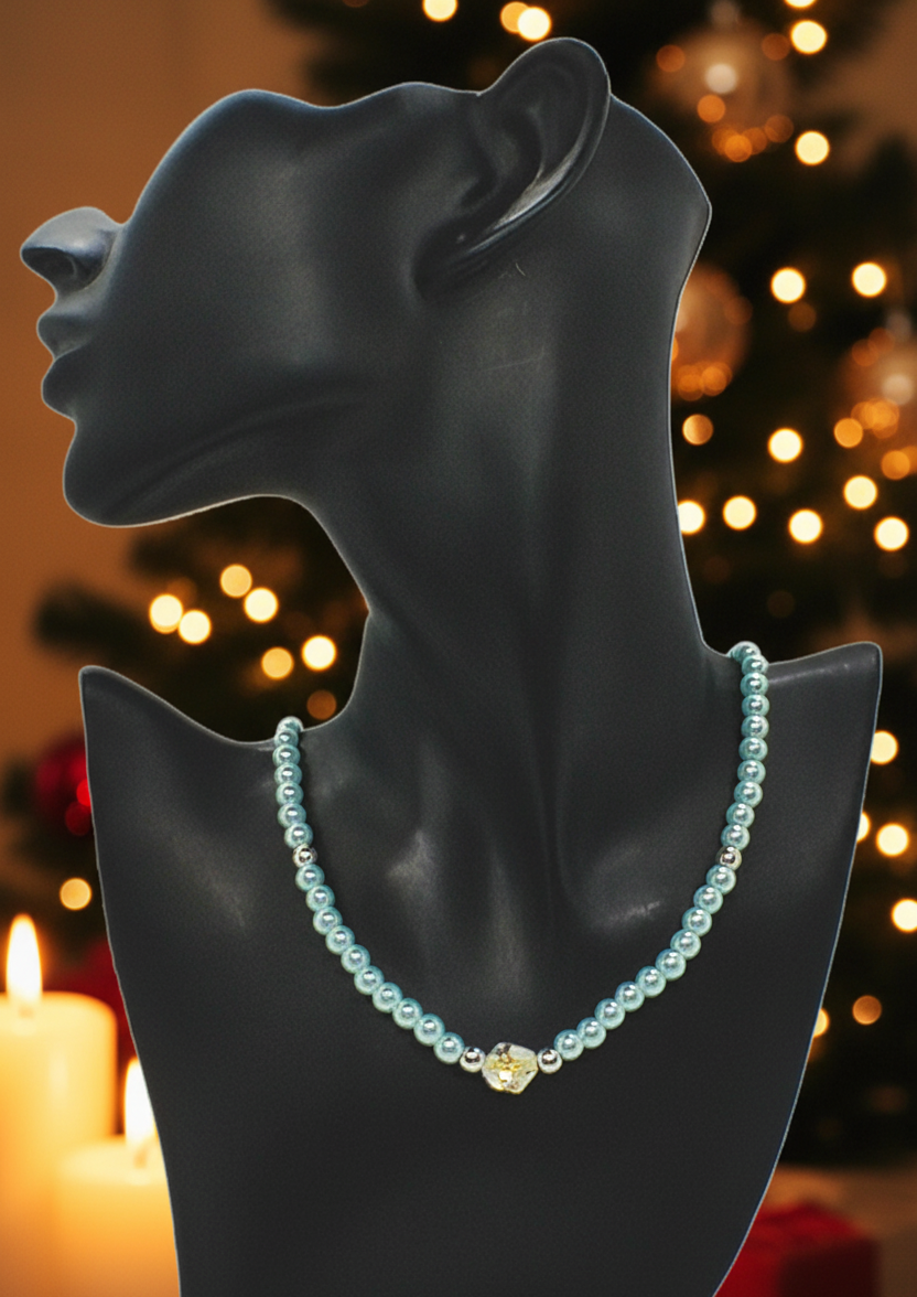 Beautiful Aqua, Semi-precious Necklace with a Cosmic Crystal, and Hematite-B-handcrafted by Artistry Jewelry