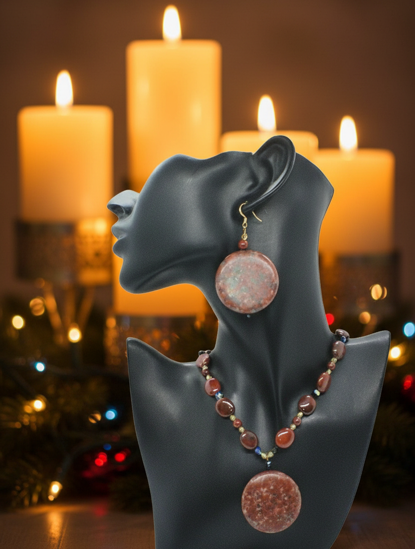 Lovely Jet Bicone Crystals, Red Feldspar, and Cubic Zirconia, One-of-a-Kind, Beaded Necklace Set-handcrafted by Artistry Jewelry