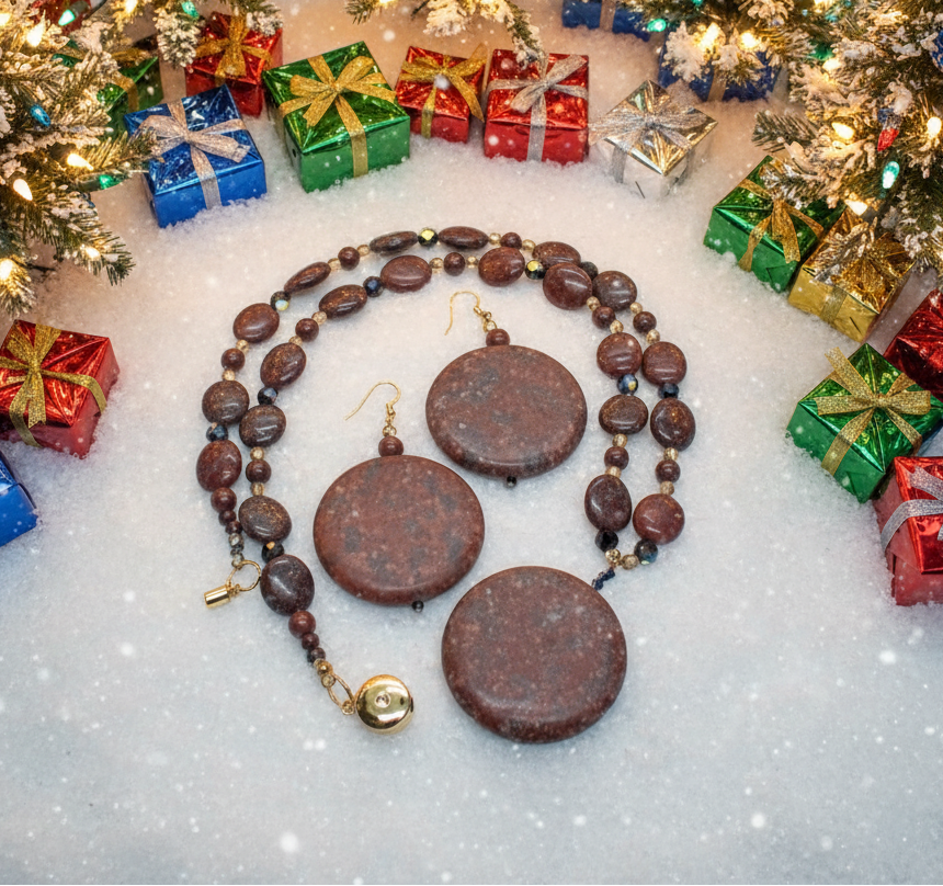 Lovely Jet Bicone Crystals, Red Feldspar, and Cubic Zirconia, One-of-a-Kind, Beaded Necklace Set-handcrafted by Artistry Jewelry