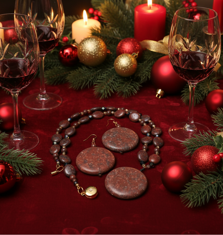 Lovely Jet Bicone Crystals, Red Feldspar, and Cubic Zirconia, One-of-a-Kind, Beaded Necklace Set-handcrafted by Artistry Jewelry