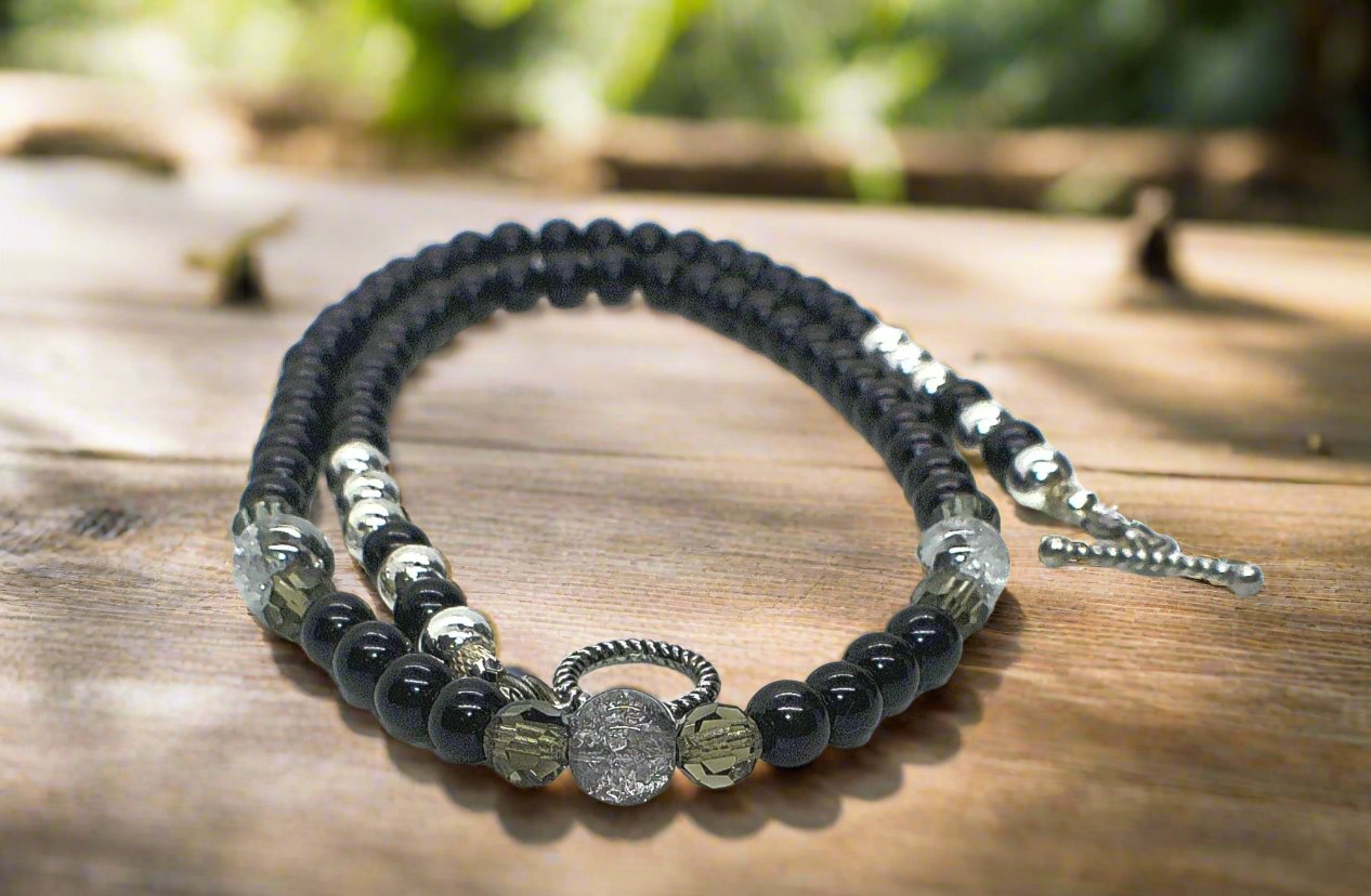 Magical Black Diamond Crystals, SP Hematite, Silver Cracked Glass Beads, One-of-a-Kind Necklace-crafted by Artistry Jewelry