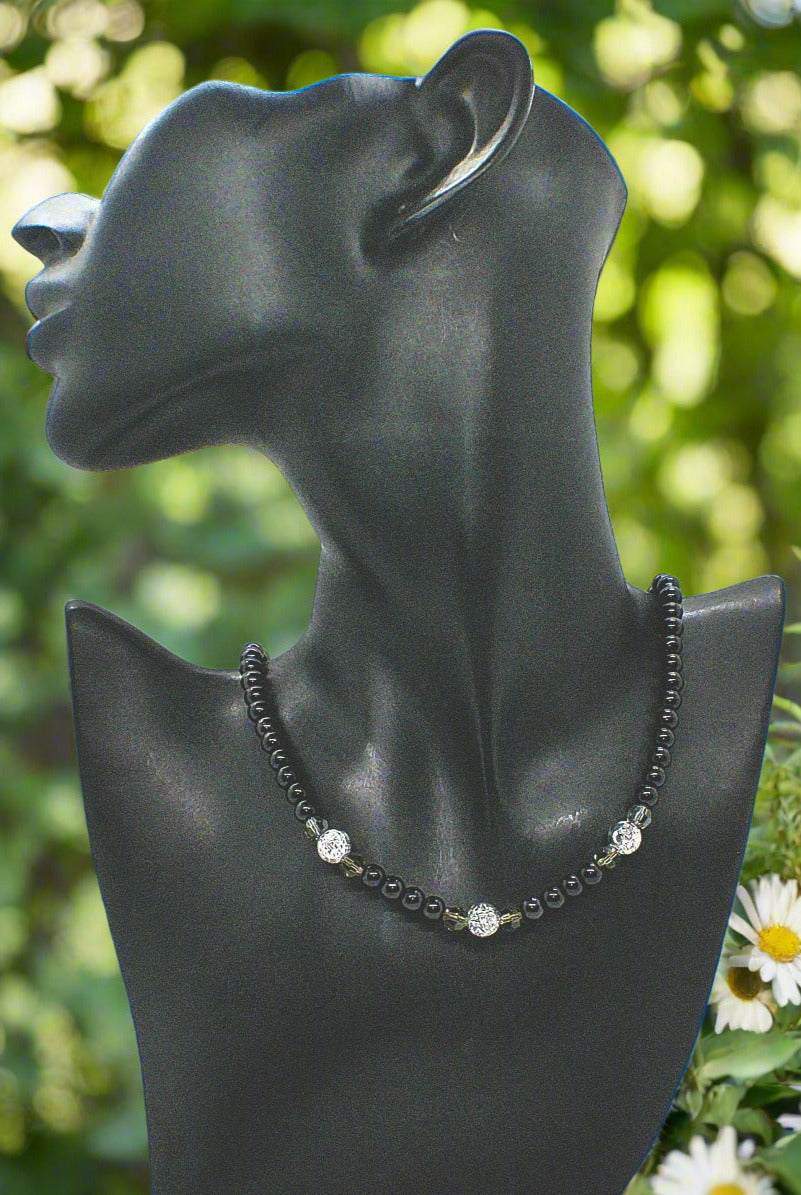 Magical Black Diamond Crystals, SP Hematite, Silver Cracked Glass Beads, One-of-a-Kind Necklace-crafted by Artistry Jewelry