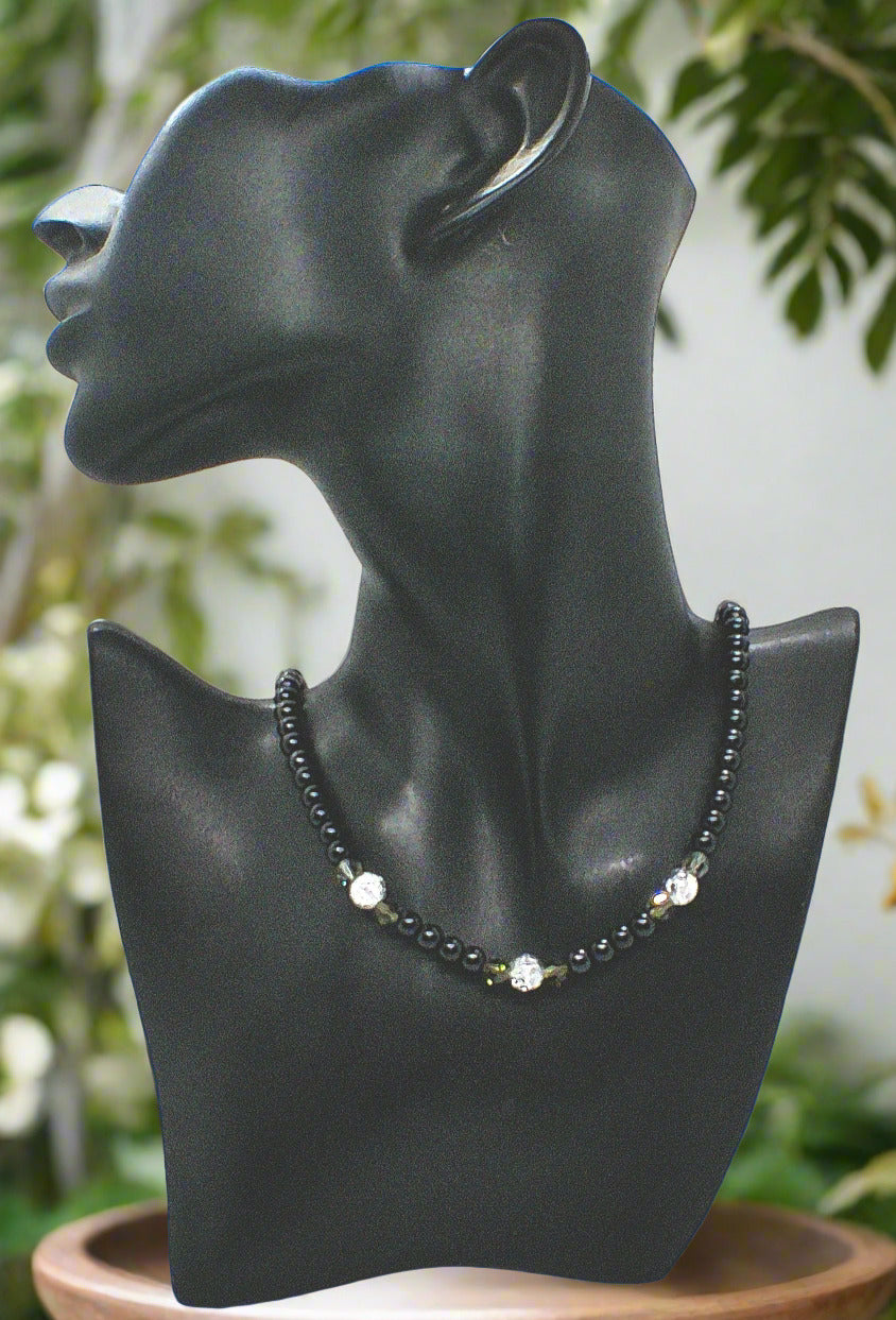 Magical Black Diamond Crystals, SP Hematite, Silver Cracked Glass Beads, One-of-a-Kind Necklace-crafted by Artistry Jewelry