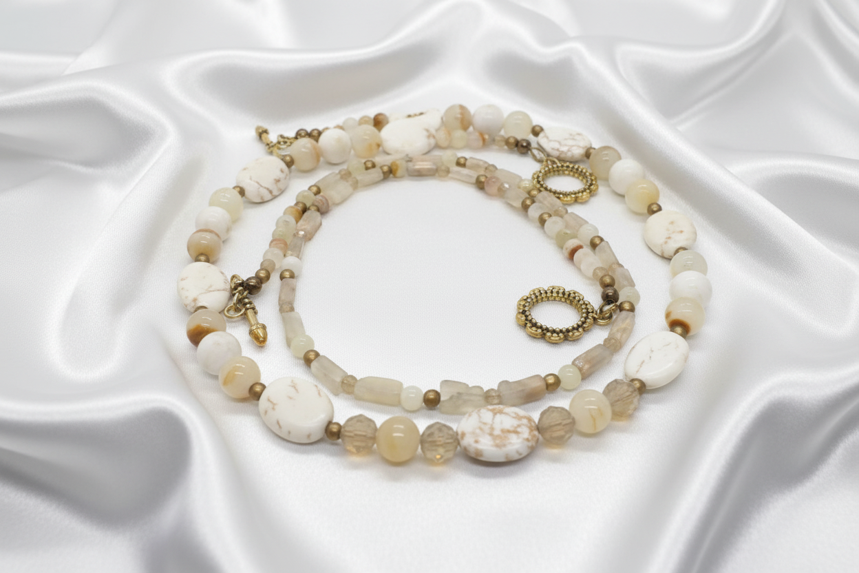 Tantalizing Opal Crystals, Natural Magnesite and Italian Onyx, Two-Strands, Beaded Necklace - crafted by Artistry Jewelry
