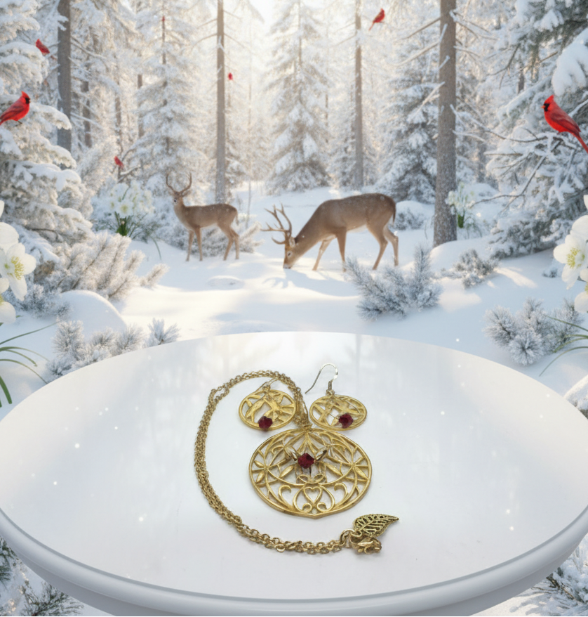 Beautiful Siam Crystal with an Elegant Gold Filigree Pendant, One-of-a-Kind Necklace Set- handcrafted by Artistry Jewelry