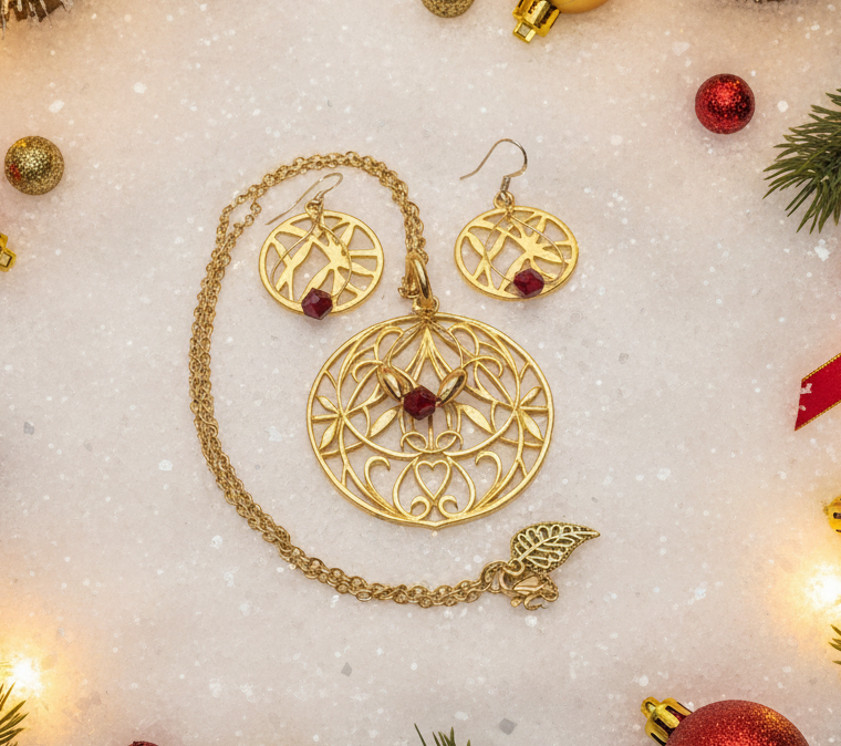 Beautiful Siam Crystal with an Elegant Gold Filigree Pendant, One-of-a-Kind Necklace Set- handcrafted by Artistry Jewelry