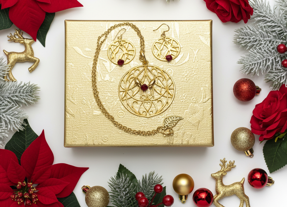 Beautiful Siam Crystal with an Elegant Gold Filigree Pendant, One-of-a-Kind Necklace Set- handcrafted by Artistry Jewelry