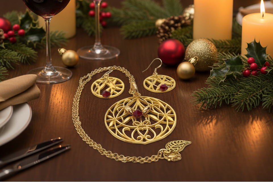 Beautiful Siam Crystal with an Elegant Gold Filigree Pendant, One-of-a-Kind Necklace Set- handcrafted by Artistry Jewelry