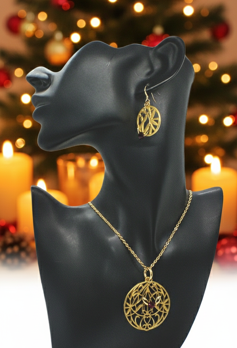 Beautiful Siam Crystal with an Elegant Gold Filigree Pendant, One-of-a-Kind Necklace Set- handcrafted by Artistry Jewelry