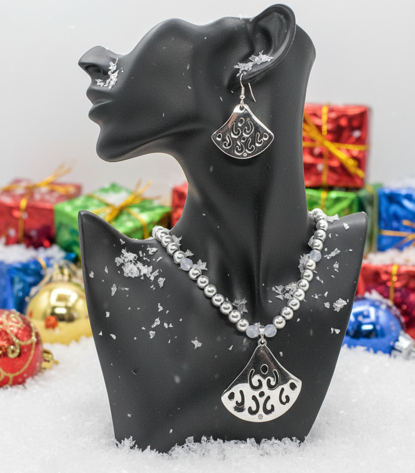 Beautiful Air Blue Opal Crystals, Silver Pendant, and Rhinestones, One-of-a-Kind, Beaded Necklace Set-crafted by Artistry Jewelry