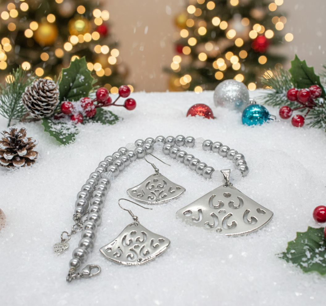 Beautiful Air Blue Opal Crystals, Silver Pendant, and Rhinestones, One-of-a-Kind, Beaded Necklace Set-crafted by Artistry Jewelry