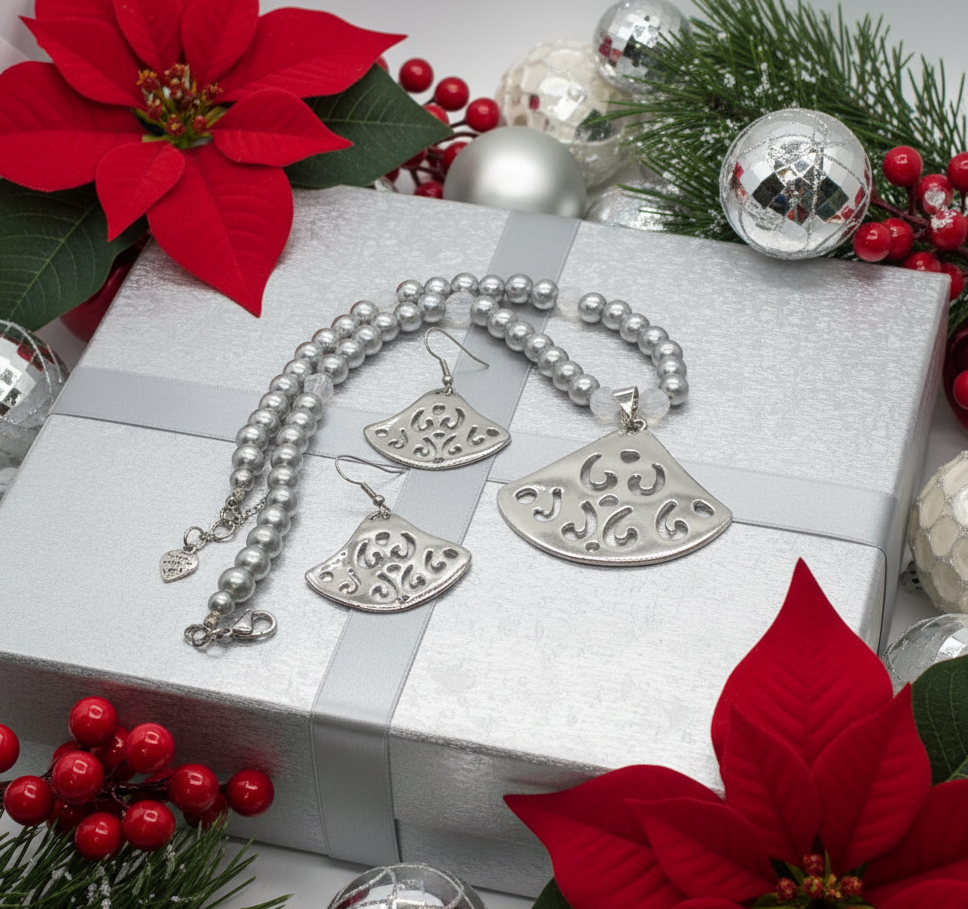 Beautiful Air Blue Opal Crystals, Silver Pendant, and Rhinestones, One-of-a-Kind, Beaded Necklace Set-crafted by Artistry Jewelry