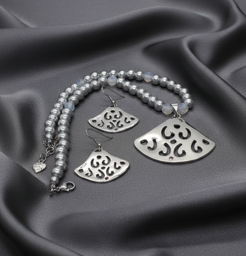 Beautiful Air Blue Opal Crystals, Silver Pendant, and Rhinestones, One-of-a-Kind, Beaded Necklace Set-crafted by Artistry Jewelry