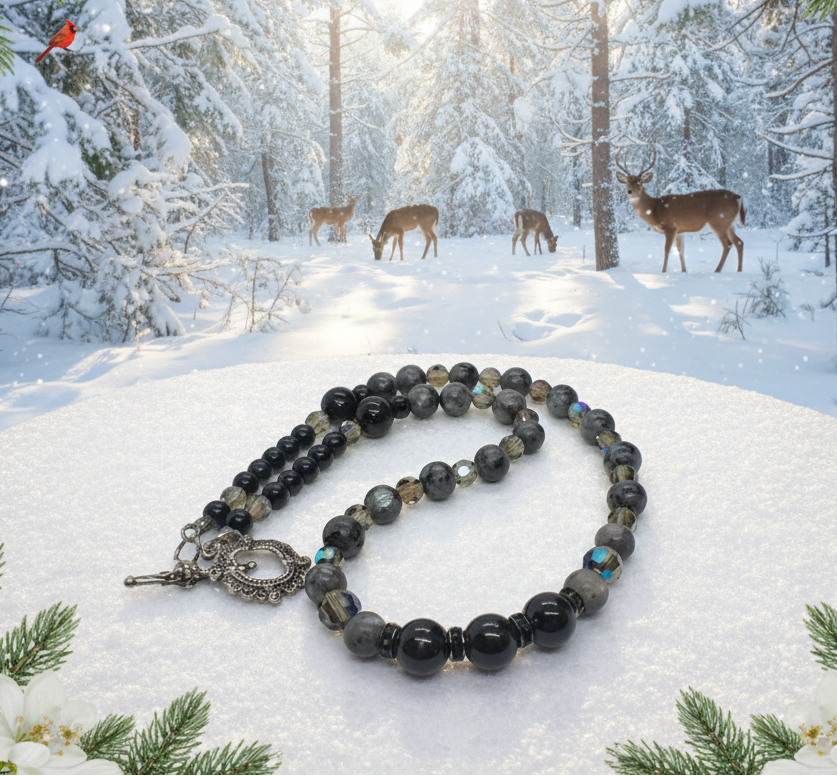 Lovely Black Onyx, Crystals, One-of-a-Kind, Beaded Necklace-crafted by Artistry Jewelry