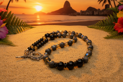 Lovely Black Onyx, Crystals, One-of-a-Kind, Beaded Necklace-crafted by Artistry Jewelry