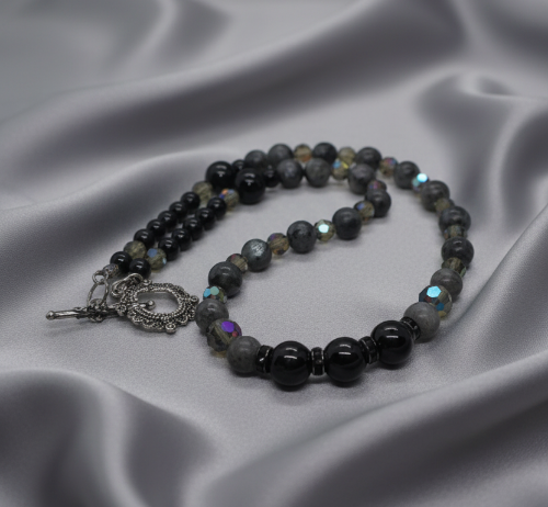 Lovely Black Onyx, Crystals, One-of-a-Kind, Beaded Necklace-crafted by Artistry Jewelry