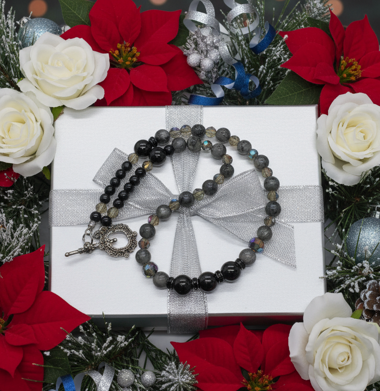 Lovely Black Onyx, Crystals, One-of-a-Kind, Beaded Necklace-crafted by Artistry Jewelry