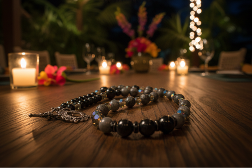 Lovely Black Onyx, Crystals, One-of-a-Kind, Beaded Necklace-crafted by Artistry Jewelry