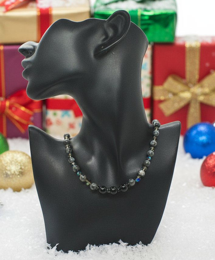 Lovely Black Onyx, Crystals, One-of-a-Kind, Beaded Necklace-crafted by Artistry Jewelry
