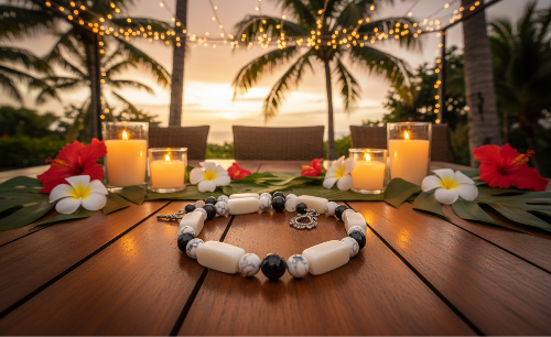 Lovely Natural Snow Quartz, Black Onyx, Howlite and Mountain Jade, Semi-precious, One-of-a -kind, Beaded Necklace A-crafted by Artistry Jewelry