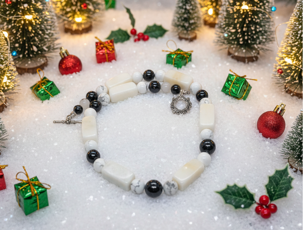 Lovely Natural Snow Quartz, Black Onyx, Howlite and Mountain Jade, Semi-precious, One-of-a -kind, Beaded Necklace A-crafted by Artistry Jewelry