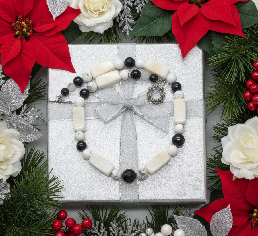 Lovely Natural Snow Quartz, Black Onyx, Howlite and Mountain Jade, Semi-precious, One-of-a -kind, Beaded Necklace A-crafted by Artistry Jewelry