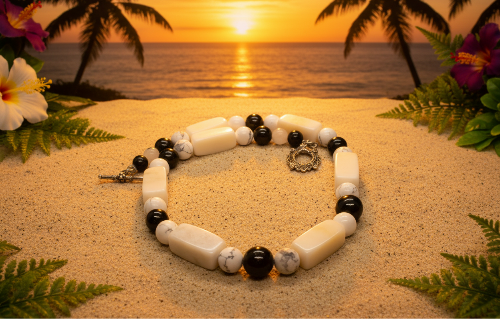 Lovely Natural Snow Quartz, Black Onyx, Howlite and Mountain Jade, Semi-precious, One-of-a -kind, Beaded Necklace A-crafted by Artistry Jewelry