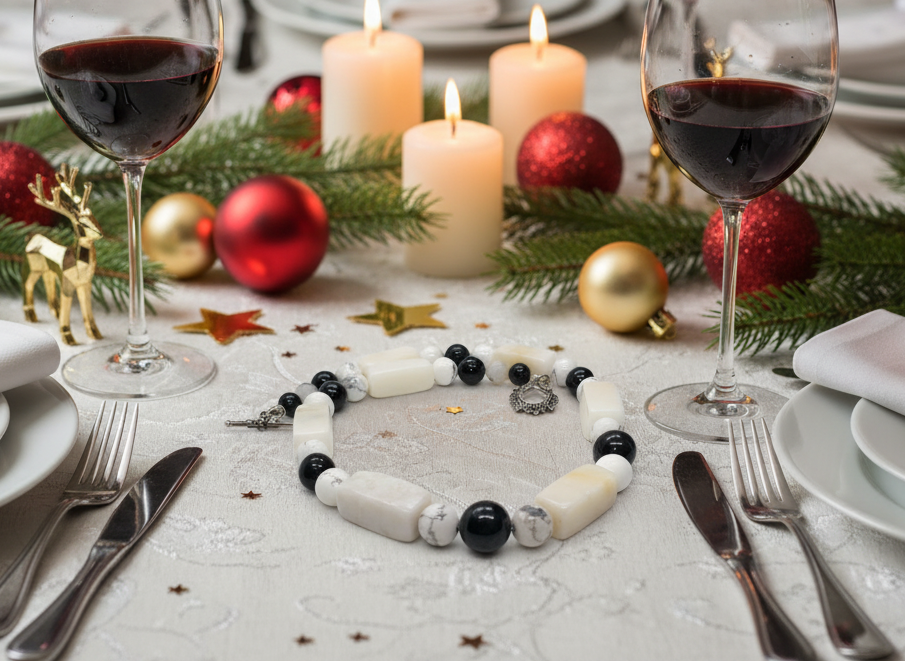 Lovely Natural Snow Quartz, Black Onyx, Howlite and Mountain Jade, Semi-precious, One-of-a -kind, Beaded Necklace A-crafted by Artistry Jewelry