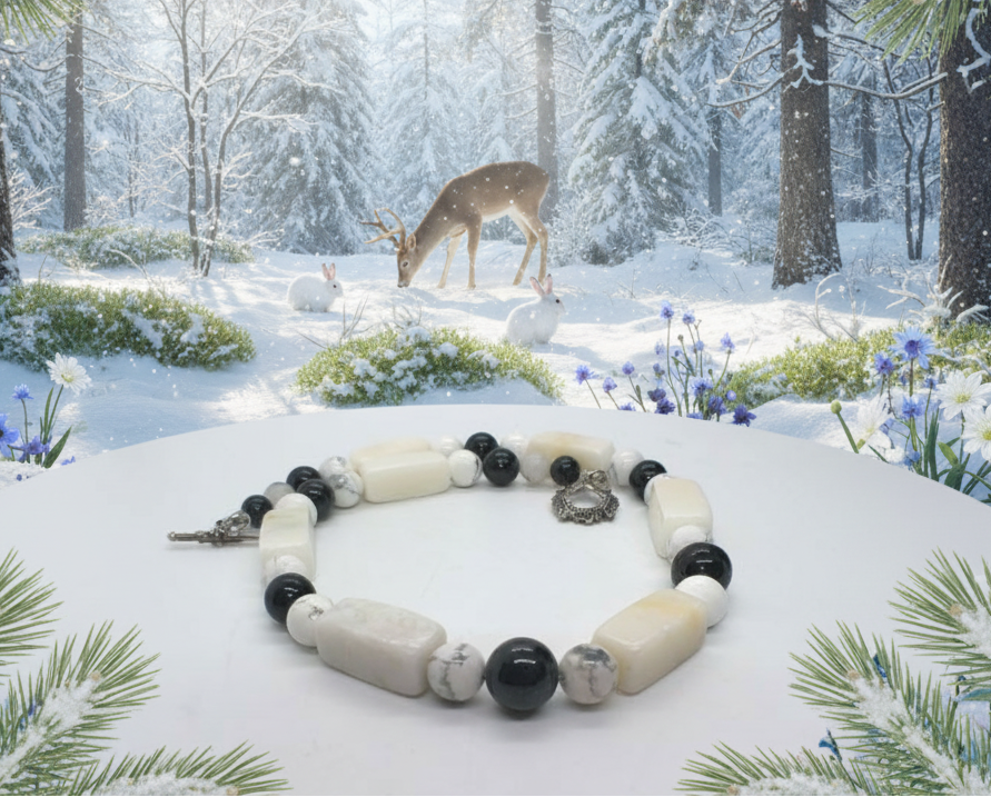 Lovely Natural Snow Quartz, Black Onyx, Howlite and Mountain Jade, Semi-precious, One-of-a -kind, Beaded Necklace A-crafted by Artistry Jewelry