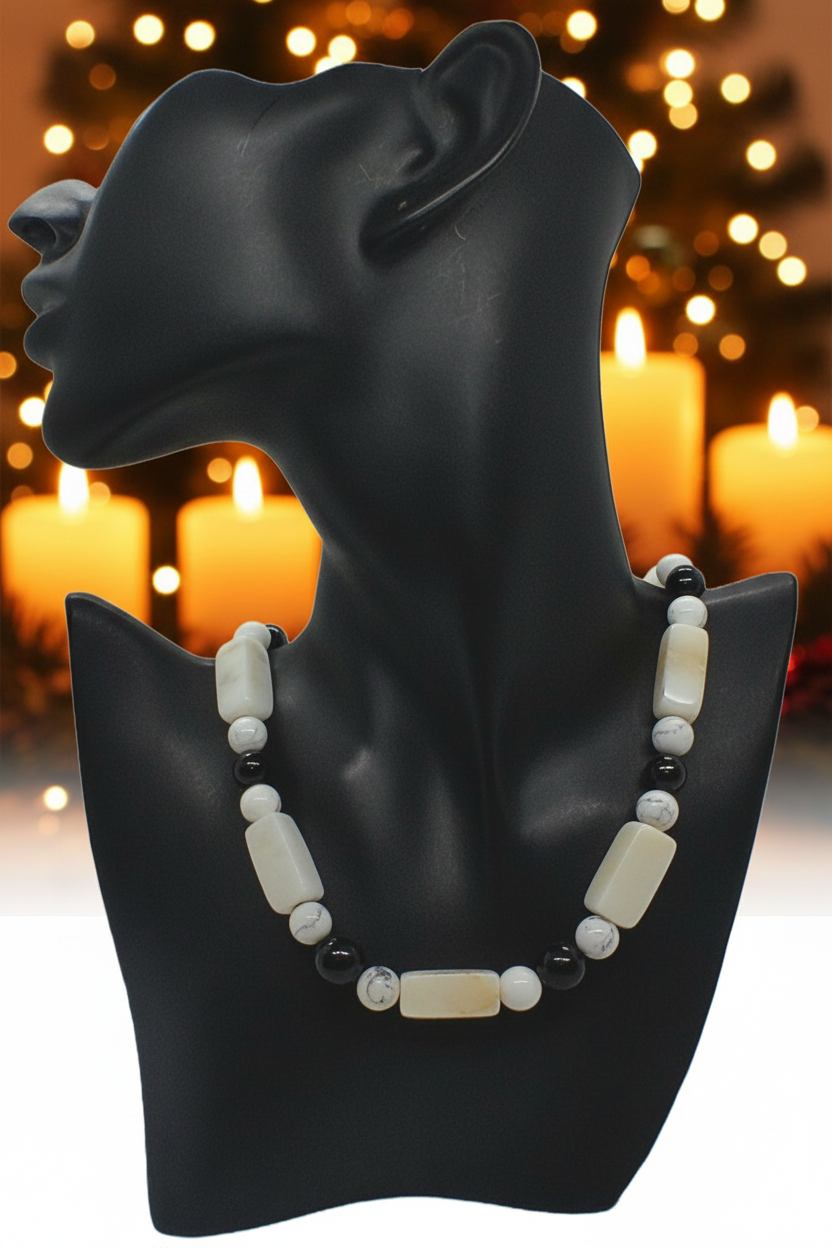 Lovely Natural Snow Quartz, Black Onyx, Howlite and Mountain Jade, Semi-precious, One-of-a -kind, Beaded Necklace A-crafted by Artistry Jewelry
