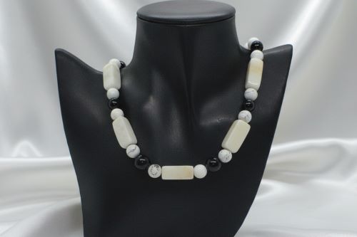 Lovely Natural Snow Quartz, Black Onyx, Howlite and Mountain Jade, Semi-precious, One-of-a -kind, Beaded Necklace A-crafted by Artistry Jewelry